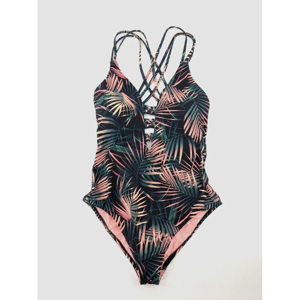 Bar III Swimsuit Women Medium One Piece Plunge Green Tropical Criss Cross Straps
